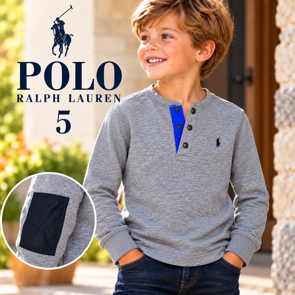 Polo Ralph Lauren Henley Shirt Boys Size 5 Grey Cotton Elbow Patches Long Sleeve
